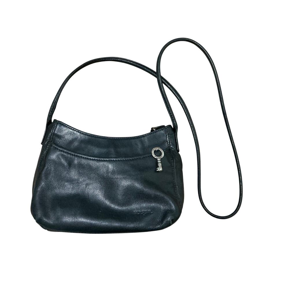 Fossil Small Black Leather Handbag w/Strap Silver Key Zipper Great Condition